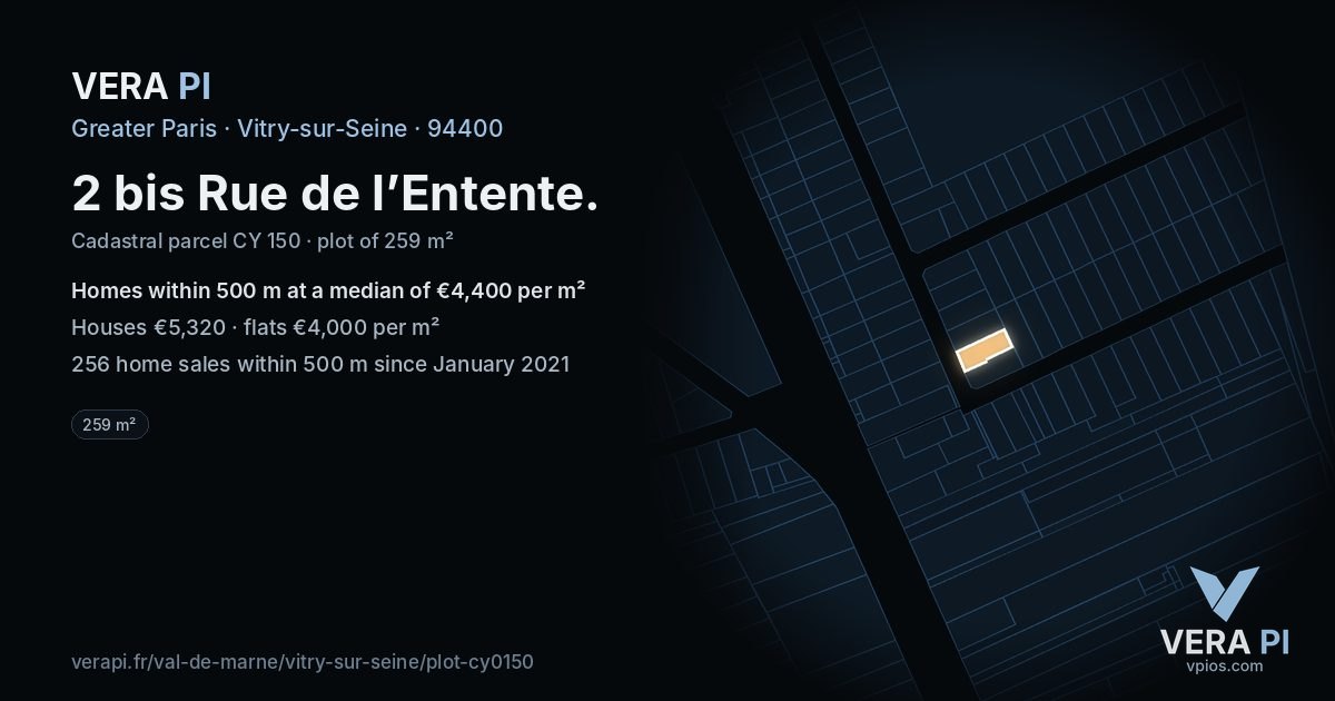 2 bis Rue de l’Entente, Vitry-sur-Seine at night – the plot lit, the parcels around coloured by the prices near them