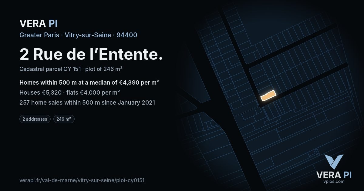 2 Rue de l’Entente, Vitry-sur-Seine at night – the plot lit, the parcels around coloured by the prices near them