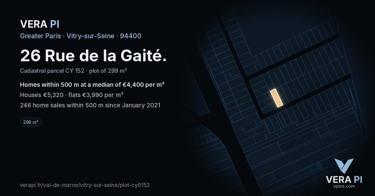 26 Rue de la Gaité, Vitry-sur-Seine at night – the plot lit, the parcels around coloured by the prices near them