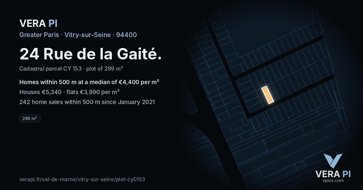 24 Rue de la Gaité, Vitry-sur-Seine at night – the plot lit, the parcels around coloured by the prices near them