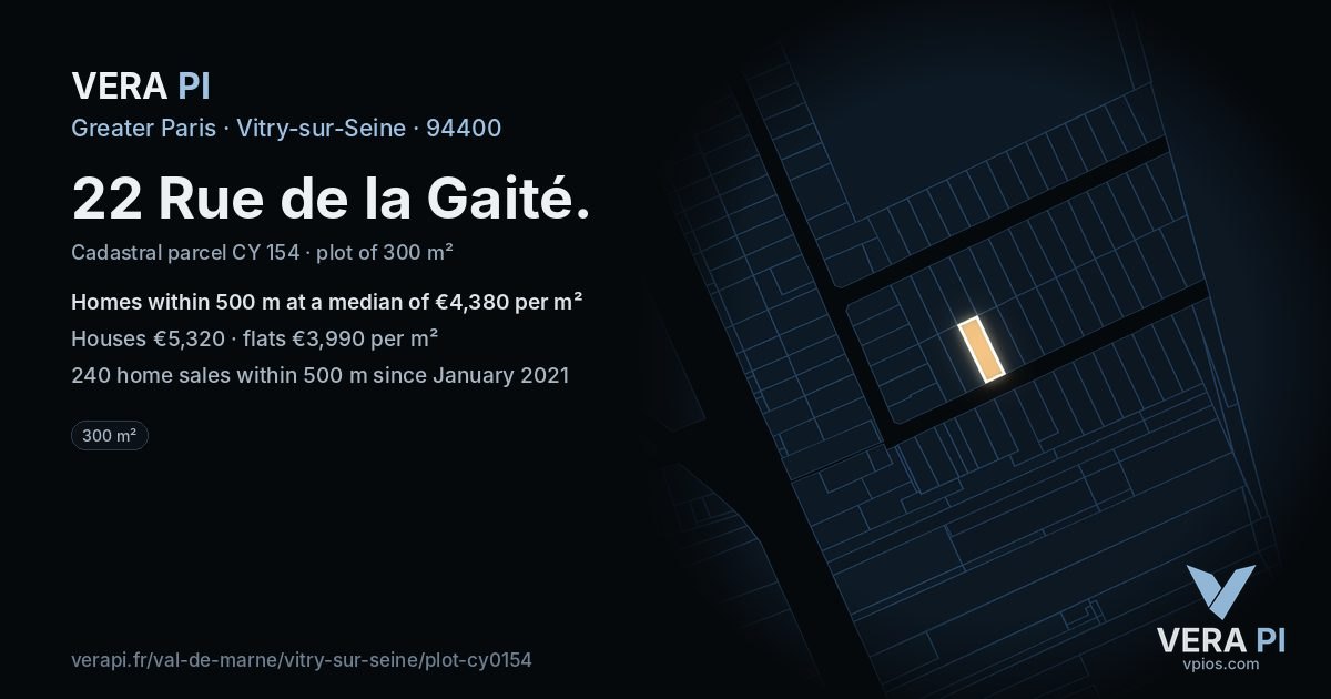22 Rue de la Gaité, Vitry-sur-Seine at night – the plot lit, the parcels around coloured by the prices near them