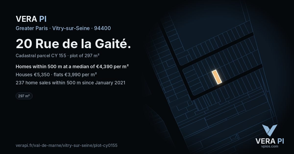 20 Rue de la Gaité, Vitry-sur-Seine at night – the plot lit, the parcels around coloured by the prices near them