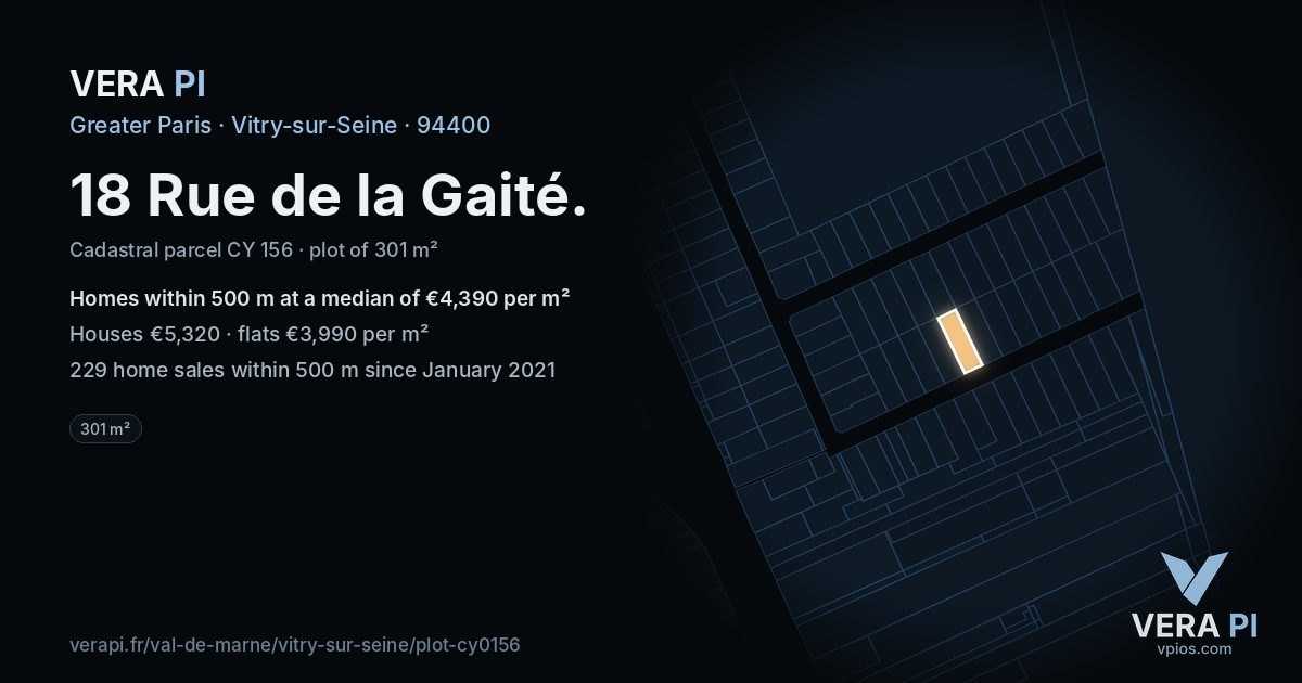 18 Rue de la Gaité, Vitry-sur-Seine at night – the plot lit, the parcels around coloured by the prices near them