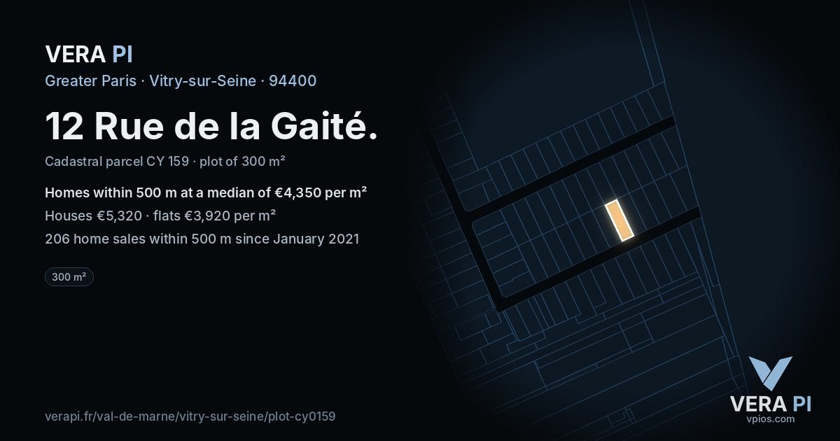 12 Rue de la Gaité, Vitry-sur-Seine at night – the plot lit, the parcels around coloured by the prices near them
