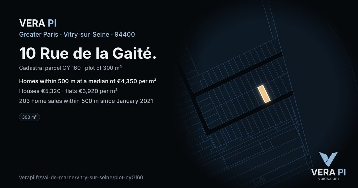 10 Rue de la Gaité, Vitry-sur-Seine at night – the plot lit, the parcels around coloured by the prices near them