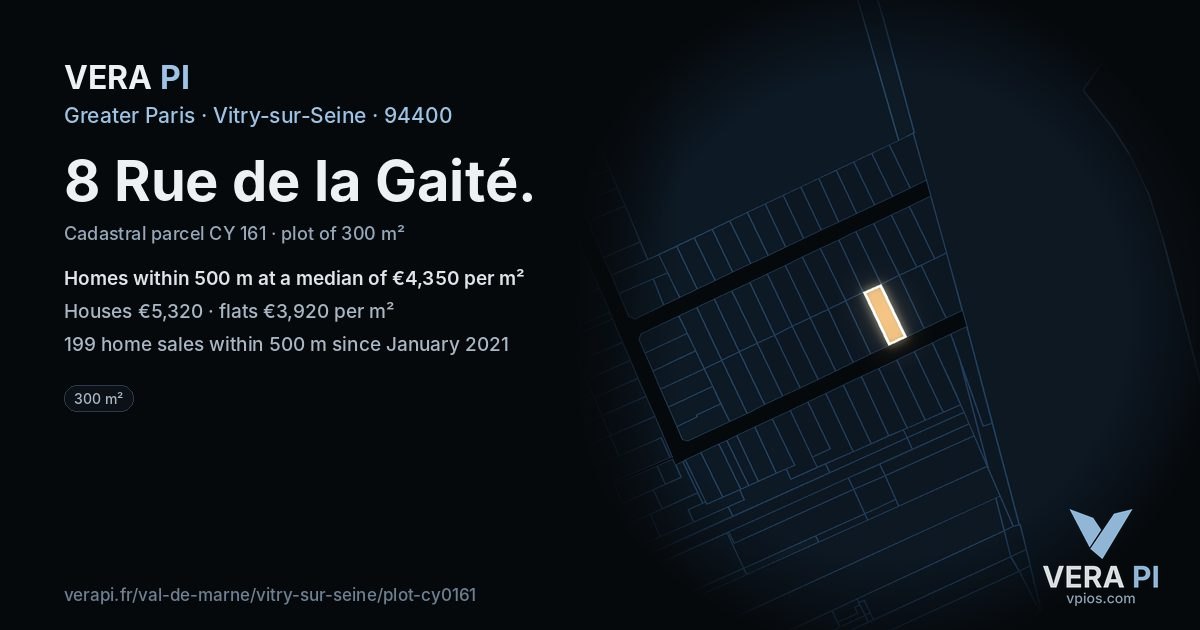 8 Rue de la Gaité, Vitry-sur-Seine at night – the plot lit, the parcels around coloured by the prices near them