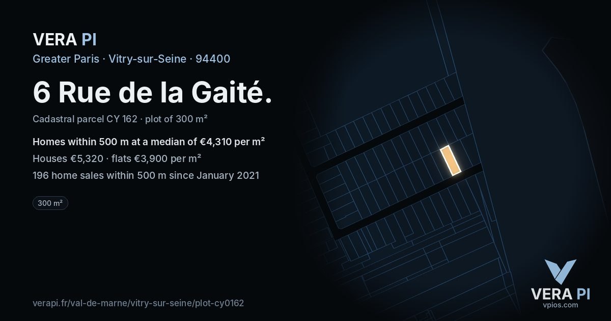 6 Rue de la Gaité, Vitry-sur-Seine at night – the plot lit, the parcels around coloured by the prices near them