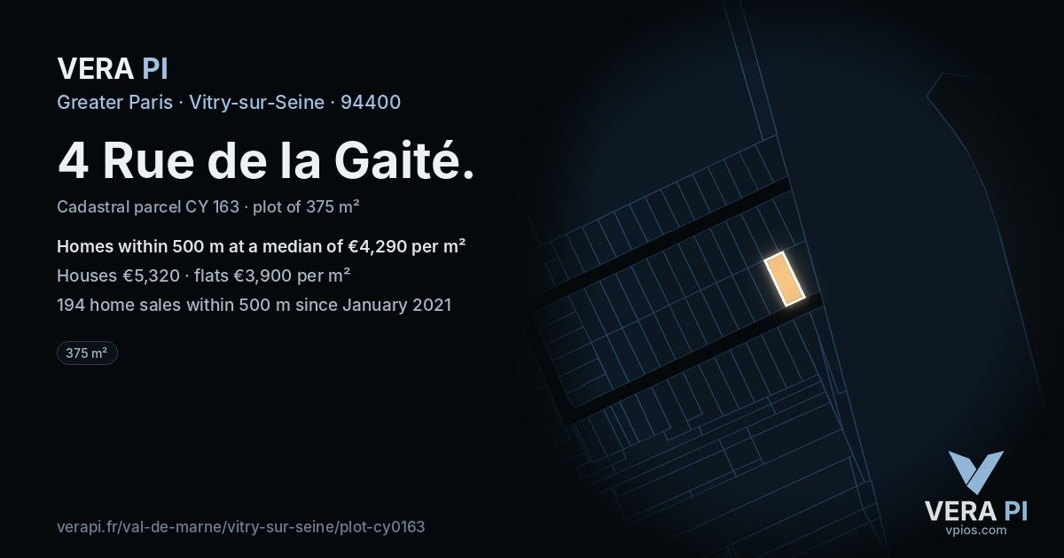 4 Rue de la Gaité, Vitry-sur-Seine at night – the plot lit, the parcels around coloured by the prices near them
