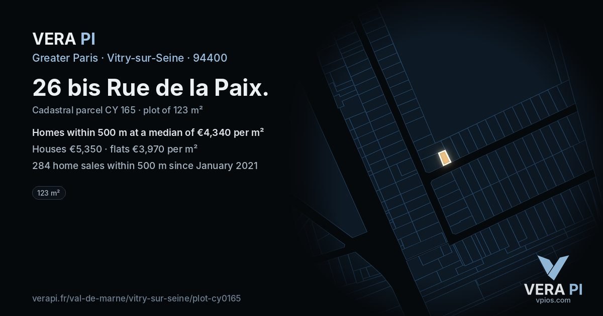 26 bis Rue de la Paix, Vitry-sur-Seine at night – the plot lit, the parcels around coloured by the prices near them