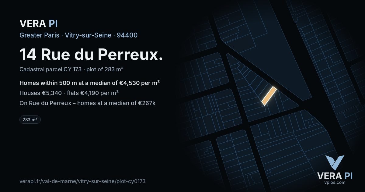 14 Rue du Perreux, Vitry-sur-Seine at night – the plot lit, the parcels around coloured by the prices near them
