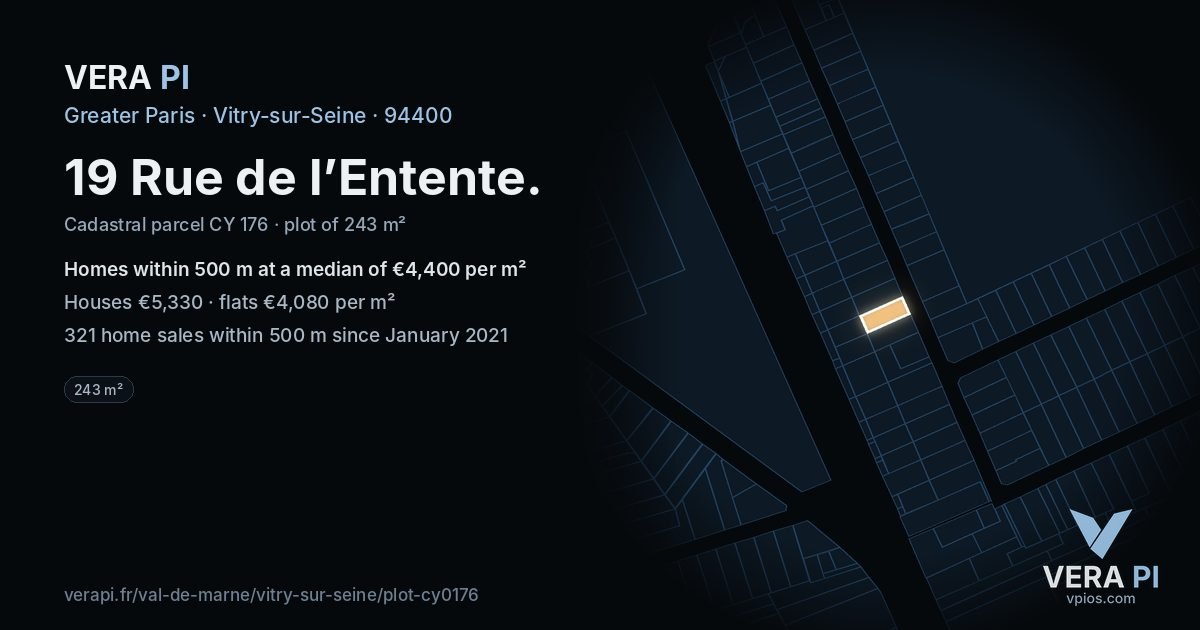 19 Rue de l’Entente, Vitry-sur-Seine at night – the plot lit, the parcels around coloured by the prices near them