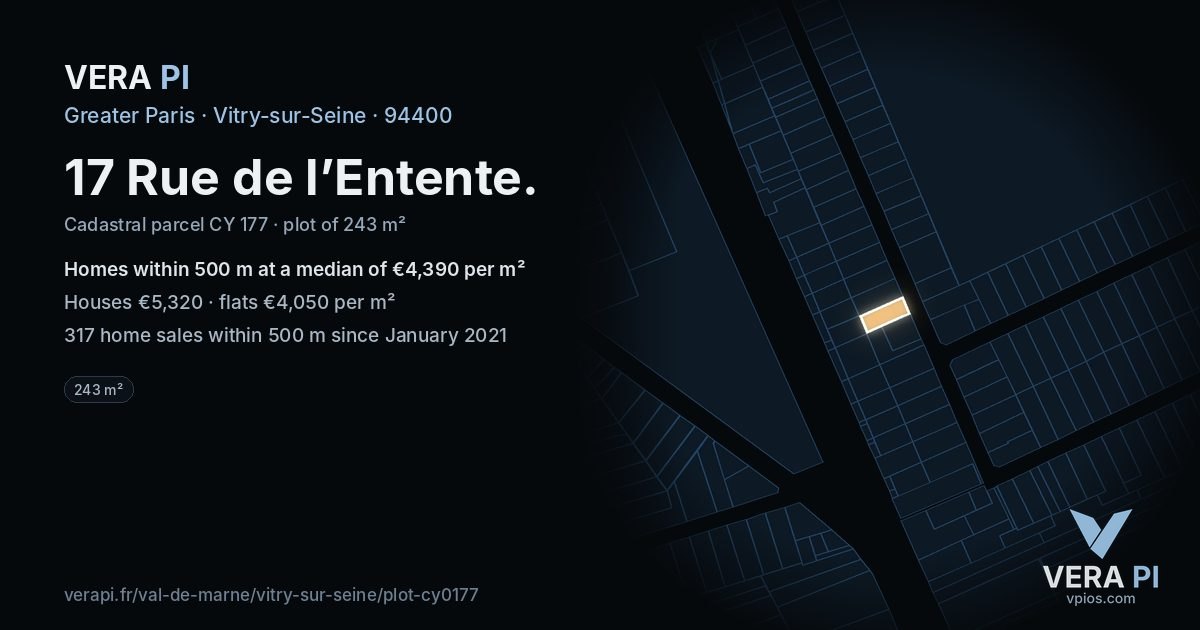 17 Rue de l’Entente, Vitry-sur-Seine at night – the plot lit, the parcels around coloured by the prices near them