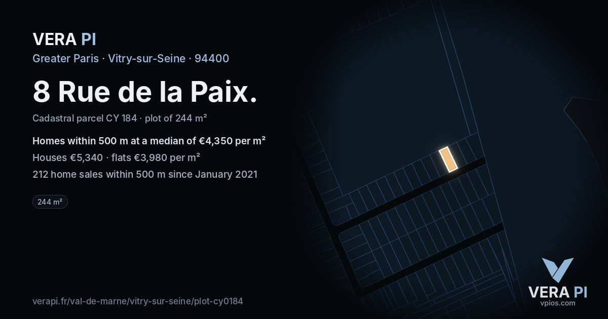 8 Rue de la Paix, Vitry-sur-Seine at night – the plot lit, the parcels around coloured by the prices near them