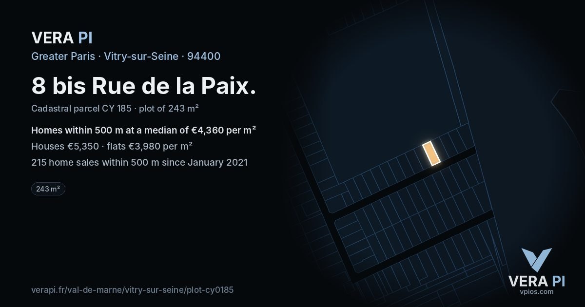 8 bis Rue de la Paix, Vitry-sur-Seine at night – the plot lit, the parcels around coloured by the prices near them