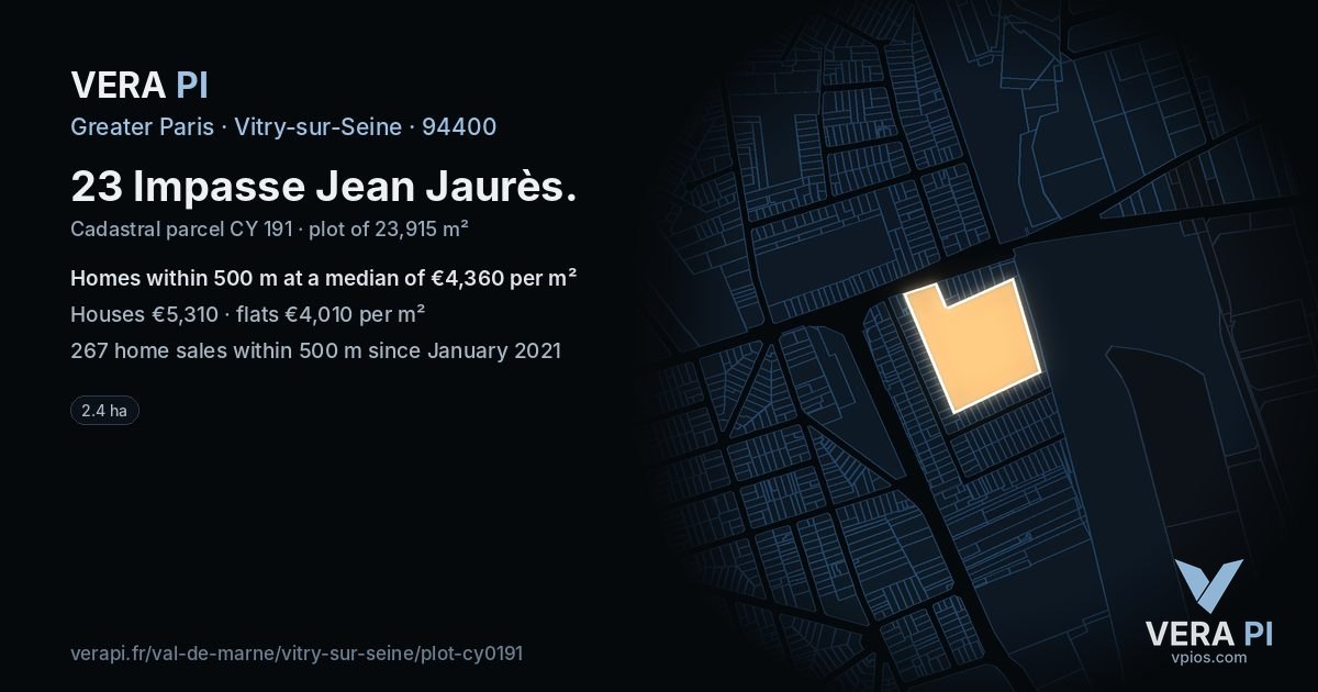 23 Impasse Jean Jaurès, Vitry-sur-Seine at night – the plot lit, the parcels around coloured by the prices near them