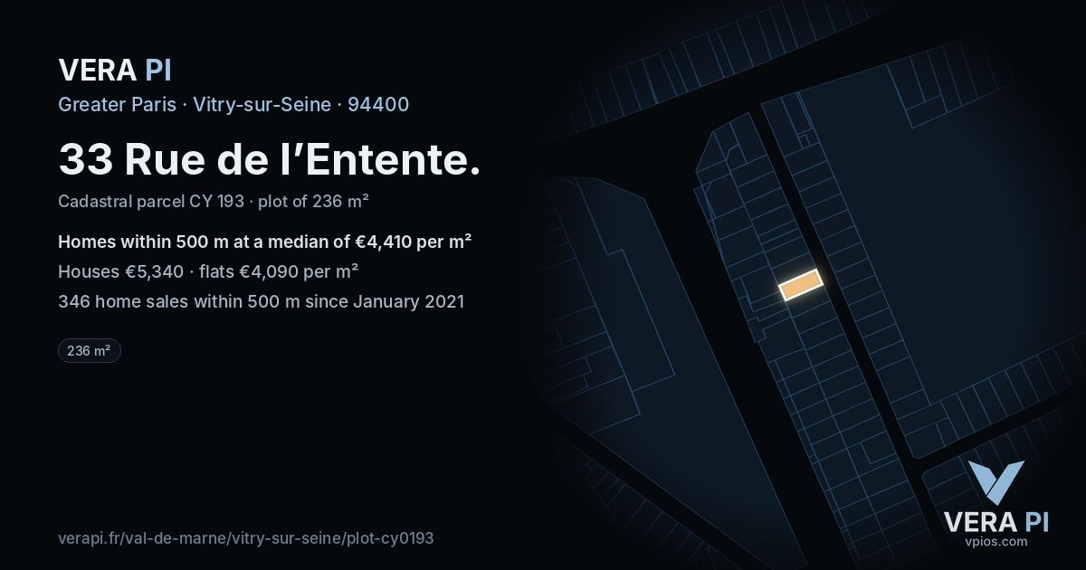 33 Rue de l’Entente, Vitry-sur-Seine at night – the plot lit, the parcels around coloured by the prices near them