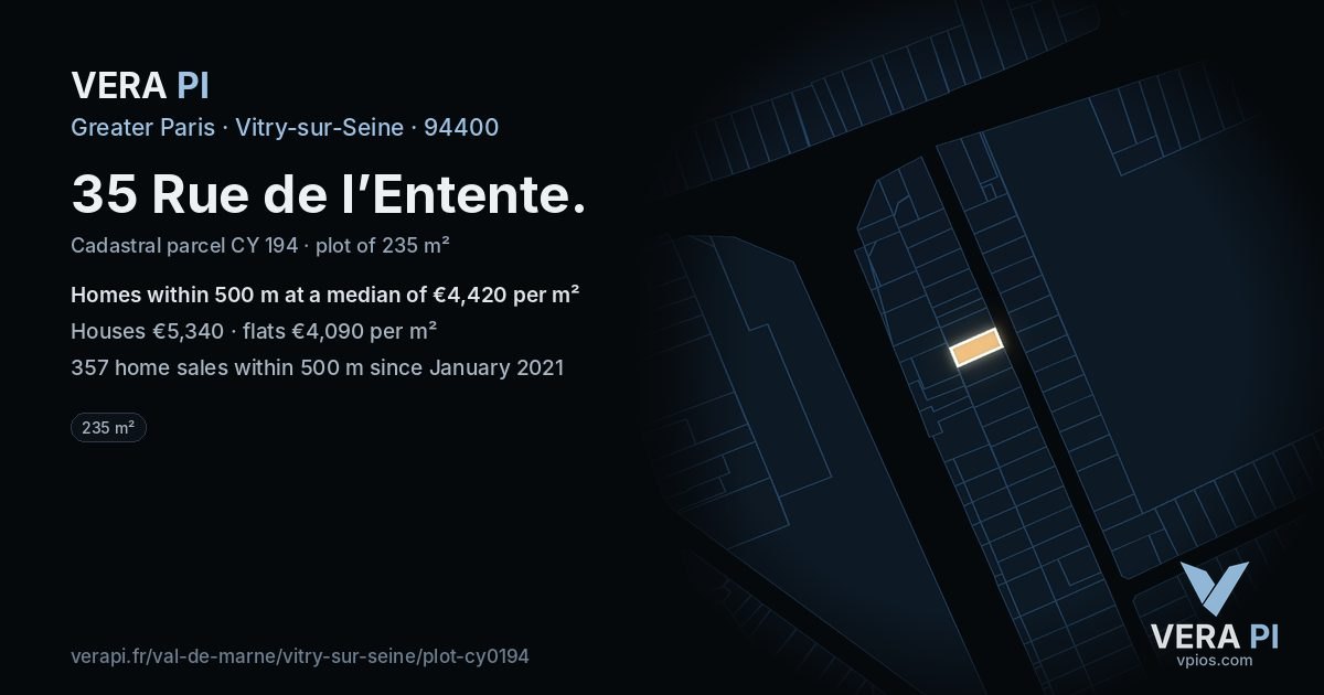 35 Rue de l’Entente, Vitry-sur-Seine at night – the plot lit, the parcels around coloured by the prices near them