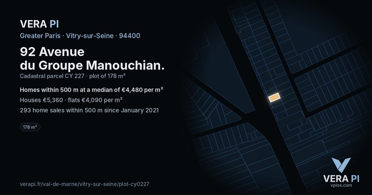 92 Avenue du Groupe Manouchian, Vitry-sur-Seine at night – the plot lit, the parcels around coloured by the prices near them