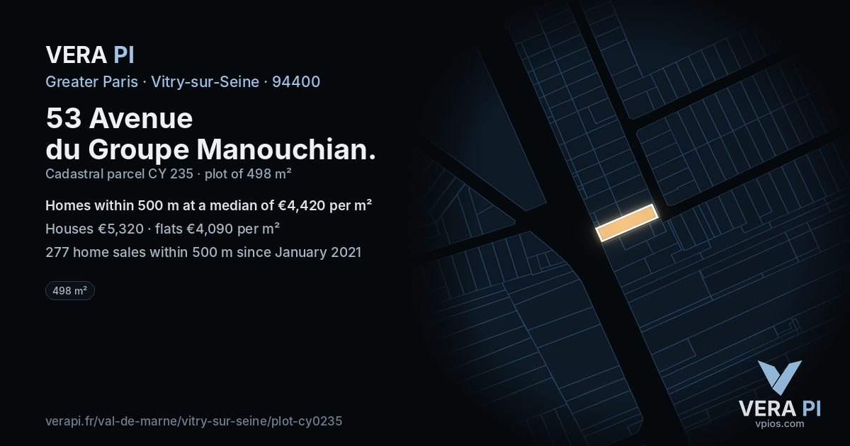 53 Avenue du Groupe Manouchian, Vitry-sur-Seine at night – the plot lit, the parcels around coloured by the prices near them