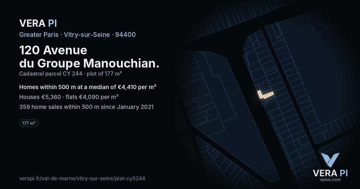 120 Avenue du Groupe Manouchian, Vitry-sur-Seine at night – the plot lit, the parcels around coloured by the prices near them
