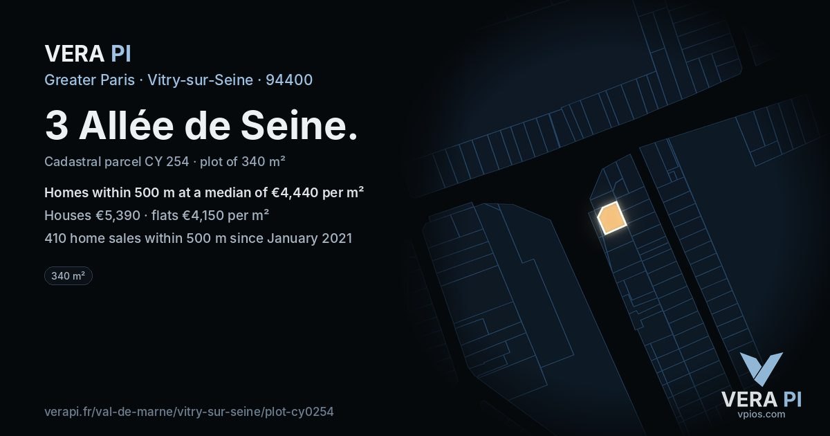 3 Allée de Seine, Vitry-sur-Seine at night – the plot lit, the parcels around coloured by the prices near them