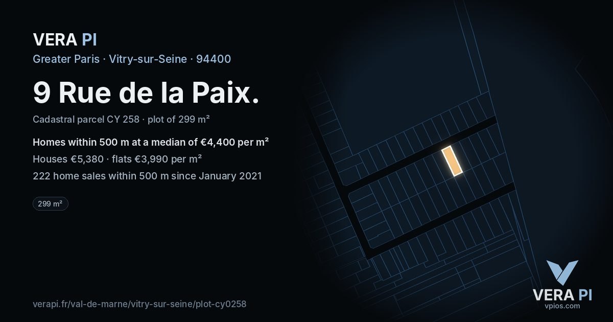 9 Rue de la Paix, Vitry-sur-Seine at night – the plot lit, the parcels around coloured by the prices near them
