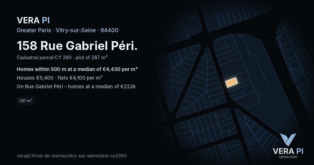158 Rue Gabriel Péri, Vitry-sur-Seine at night – the plot lit, the parcels around coloured by the prices near them