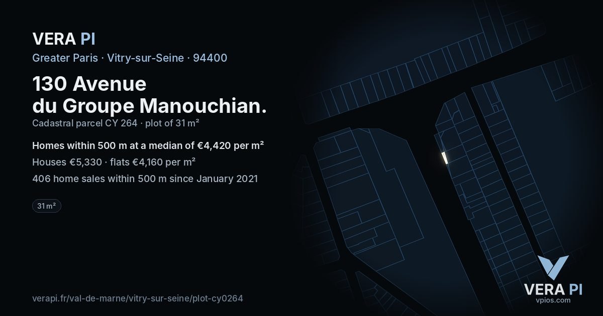 130 Avenue du Groupe Manouchian, Vitry-sur-Seine at night – the plot lit, the parcels around coloured by the prices near them