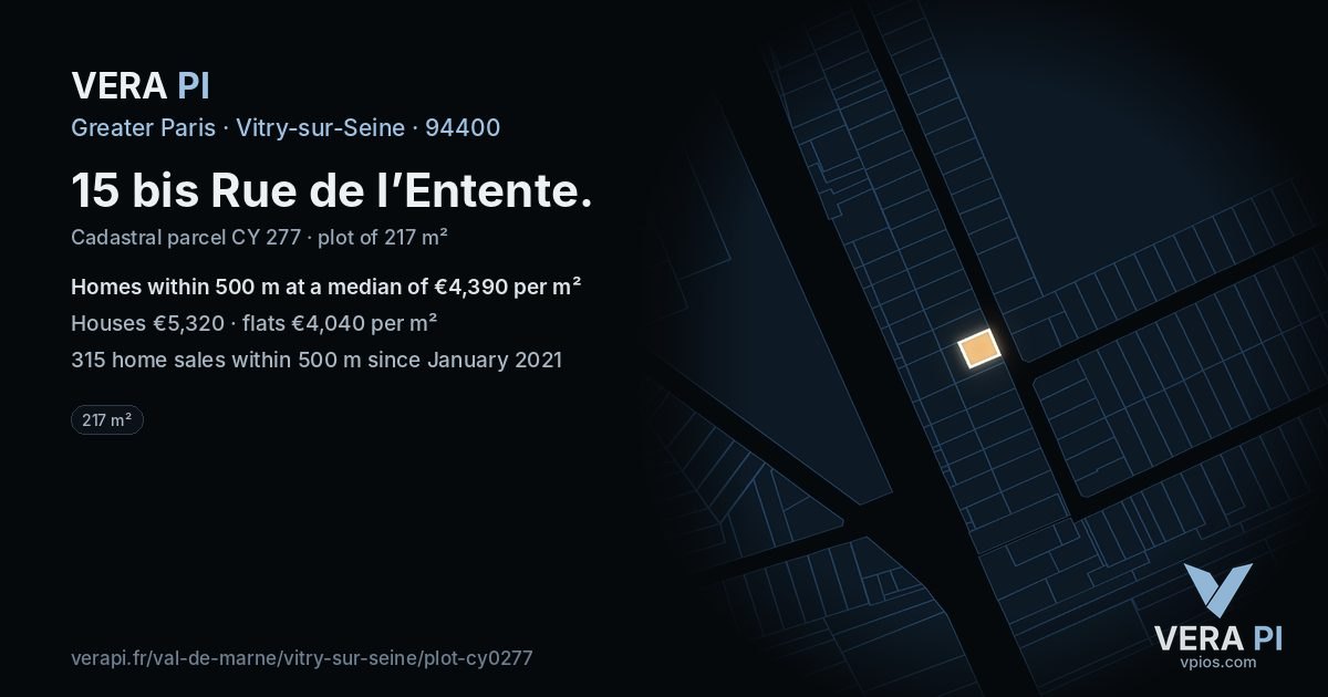 15 bis Rue de l’Entente, Vitry-sur-Seine at night – the plot lit, the parcels around coloured by the prices near them