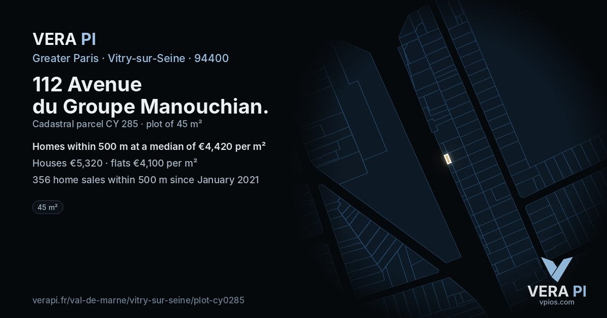 112 Avenue du Groupe Manouchian, Vitry-sur-Seine at night – the plot lit, the parcels around coloured by the prices near them