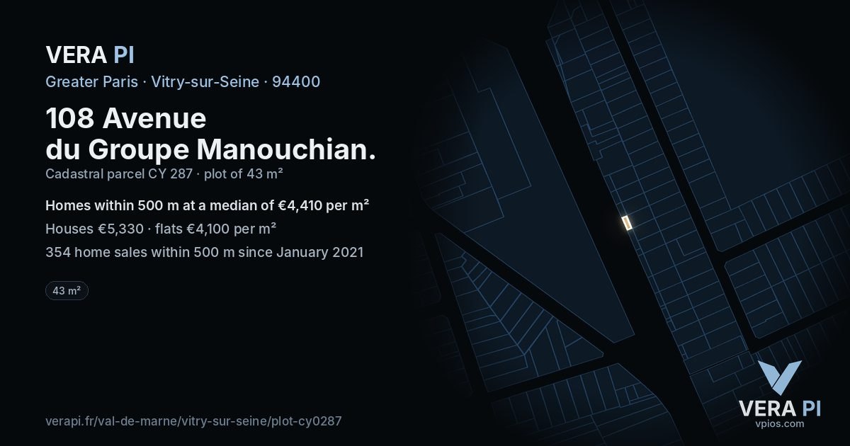 108 Avenue du Groupe Manouchian, Vitry-sur-Seine at night – the plot lit, the parcels around coloured by the prices near them