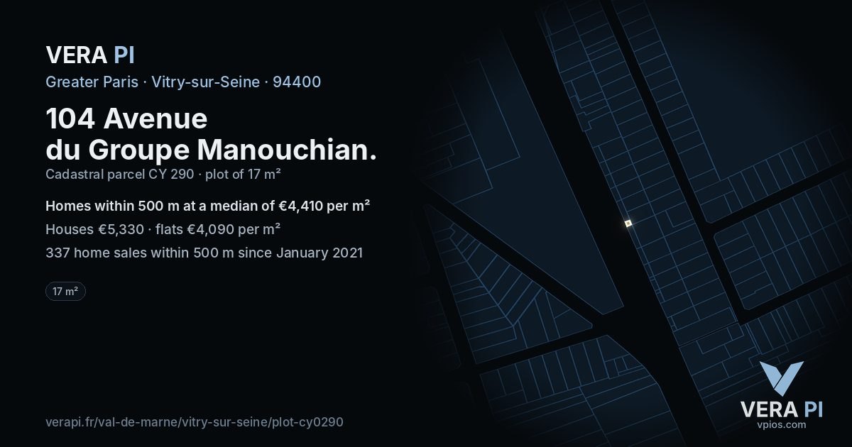 104 Avenue du Groupe Manouchian, Vitry-sur-Seine at night – the plot lit, the parcels around coloured by the prices near them