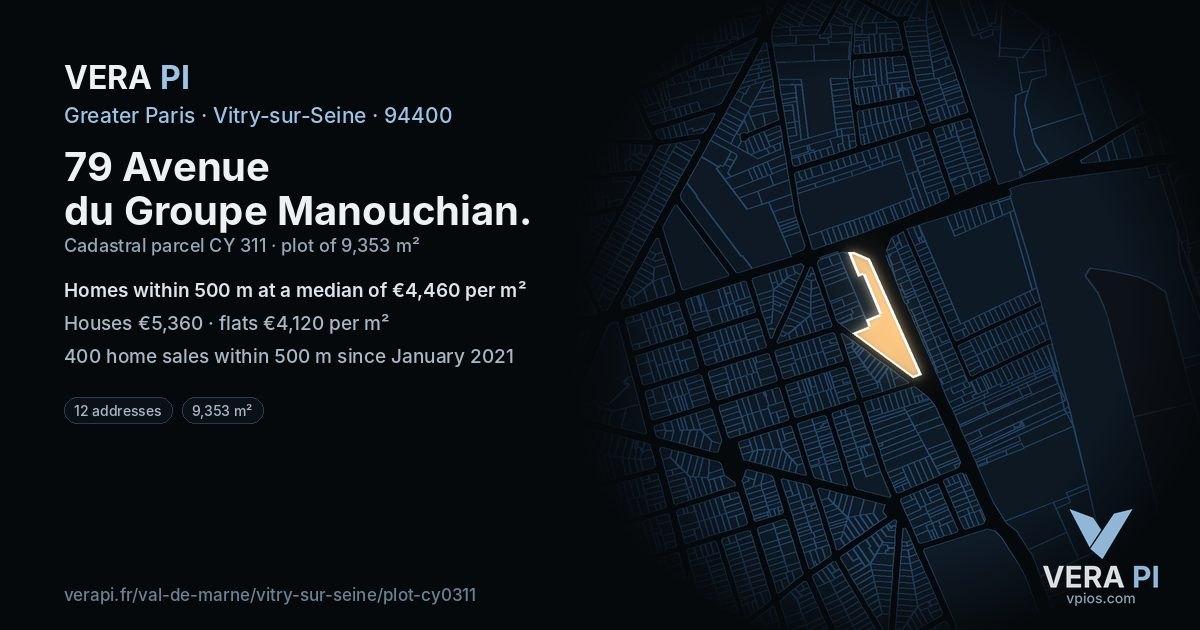 79 Avenue du Groupe Manouchian, Vitry-sur-Seine at night – the plot lit, the parcels around coloured by the prices near them