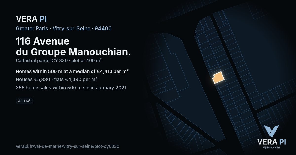 116 Avenue du Groupe Manouchian, Vitry-sur-Seine at night – the plot lit, the parcels around coloured by the prices near them
