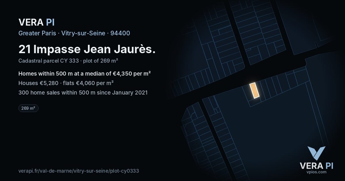 21 Impasse Jean Jaurès, Vitry-sur-Seine at night – the plot lit, the parcels around coloured by the prices near them