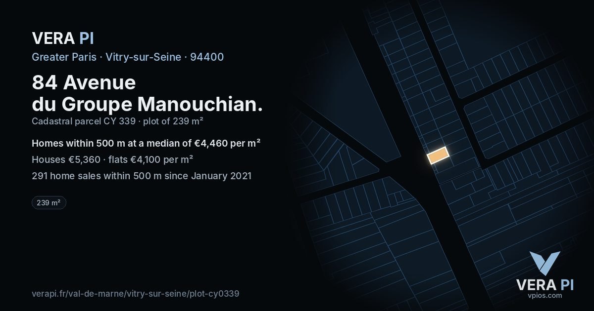 84 Avenue du Groupe Manouchian, Vitry-sur-Seine at night – the plot lit, the parcels around coloured by the prices near them