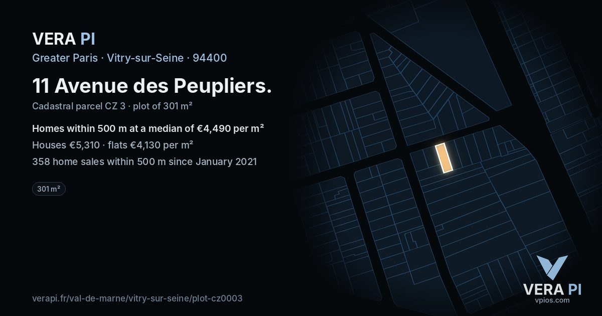 11 Avenue des Peupliers, Vitry-sur-Seine at night – the plot lit, the parcels around coloured by the prices near them