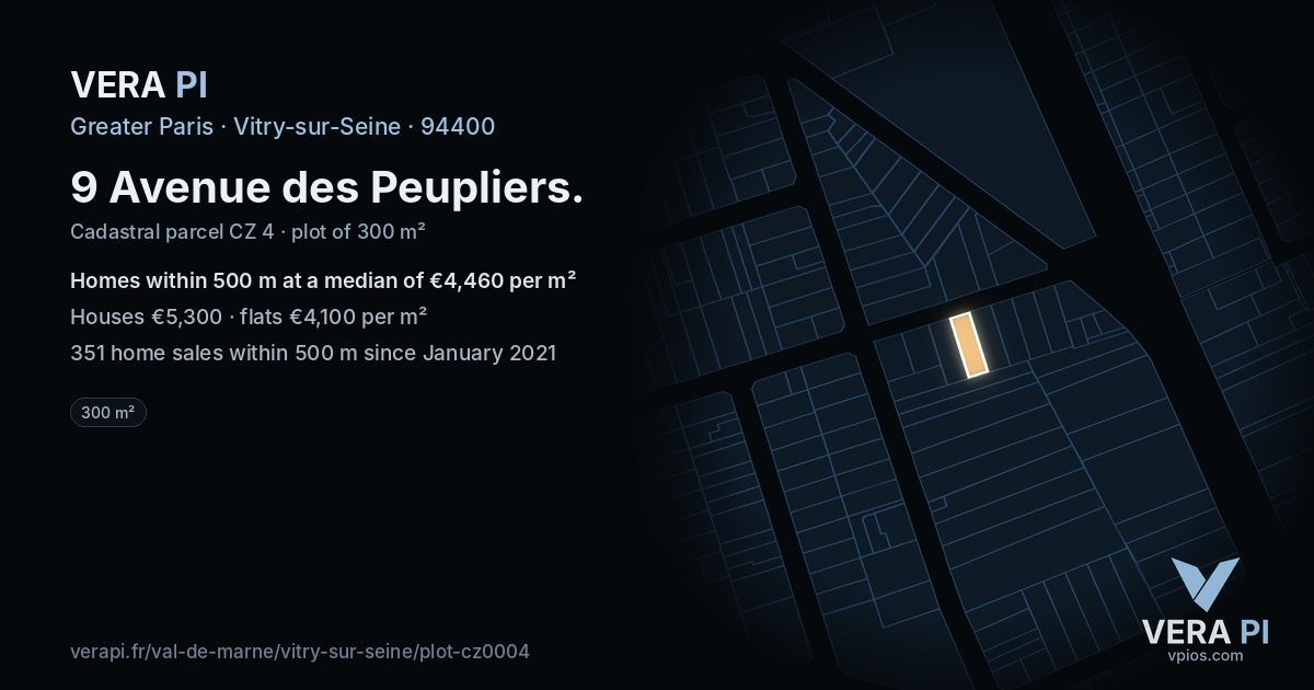 9 Avenue des Peupliers, Vitry-sur-Seine at night – the plot lit, the parcels around coloured by the prices near them