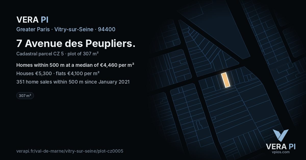 7 Avenue des Peupliers, Vitry-sur-Seine at night – the plot lit, the parcels around coloured by the prices near them