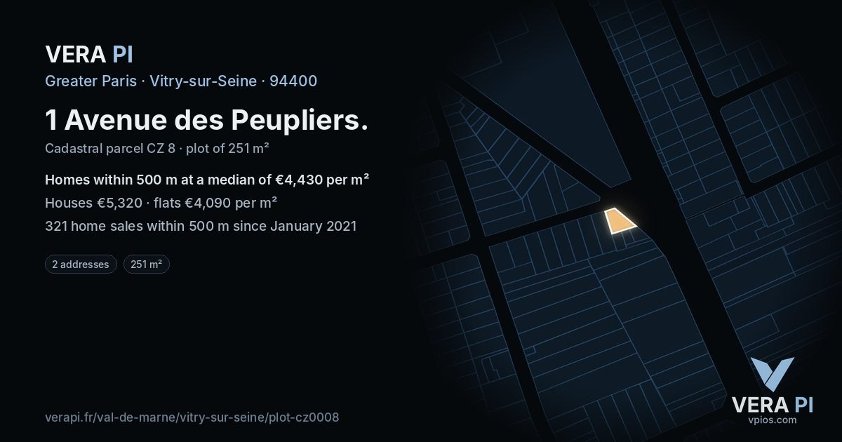 1 Avenue des Peupliers, Vitry-sur-Seine at night – the plot lit, the parcels around coloured by the prices near them