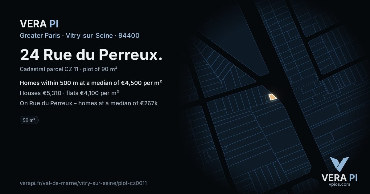 24 Rue du Perreux, Vitry-sur-Seine at night – the plot lit, the parcels around coloured by the prices near them