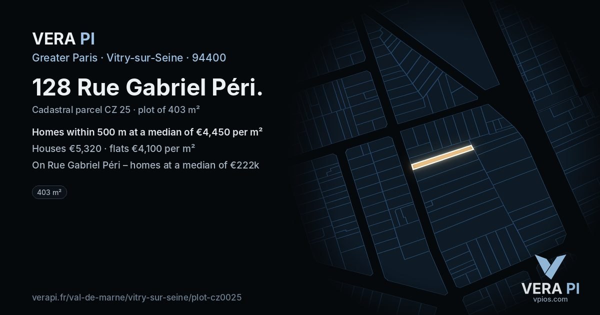 128 Rue Gabriel Péri, Vitry-sur-Seine at night – the plot lit, the parcels around coloured by the prices near them