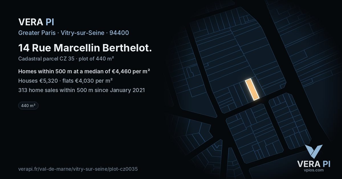 14 Rue Marcellin Berthelot, Vitry-sur-Seine at night – the plot lit, the parcels around coloured by the prices near them