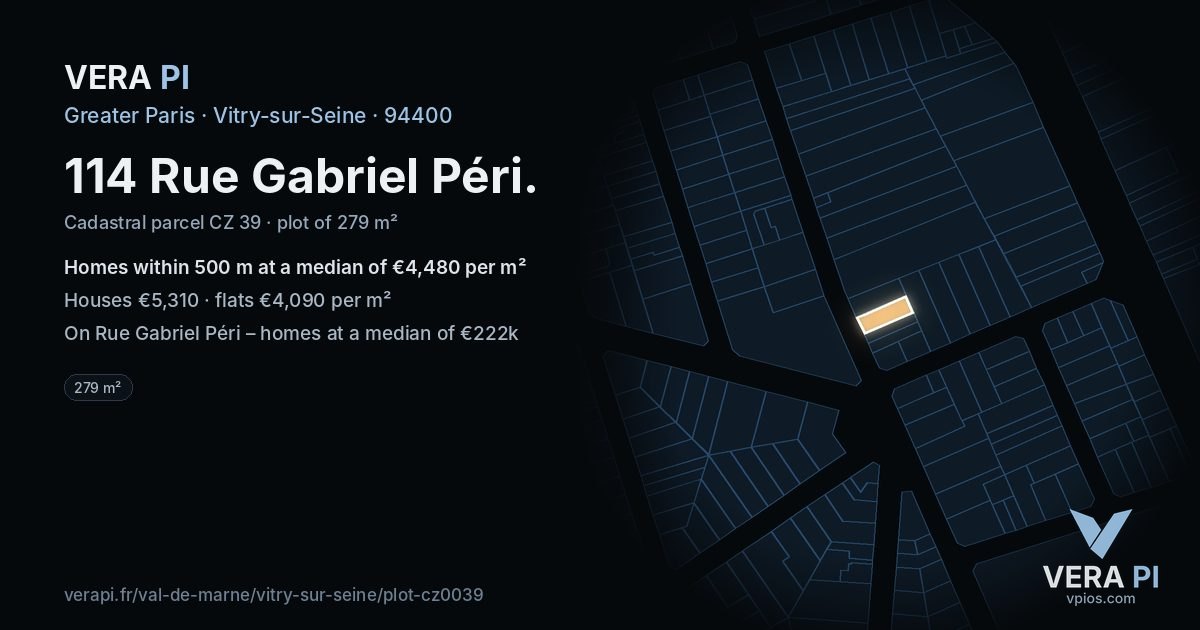 114 Rue Gabriel Péri, Vitry-sur-Seine at night – the plot lit, the parcels around coloured by the prices near them
