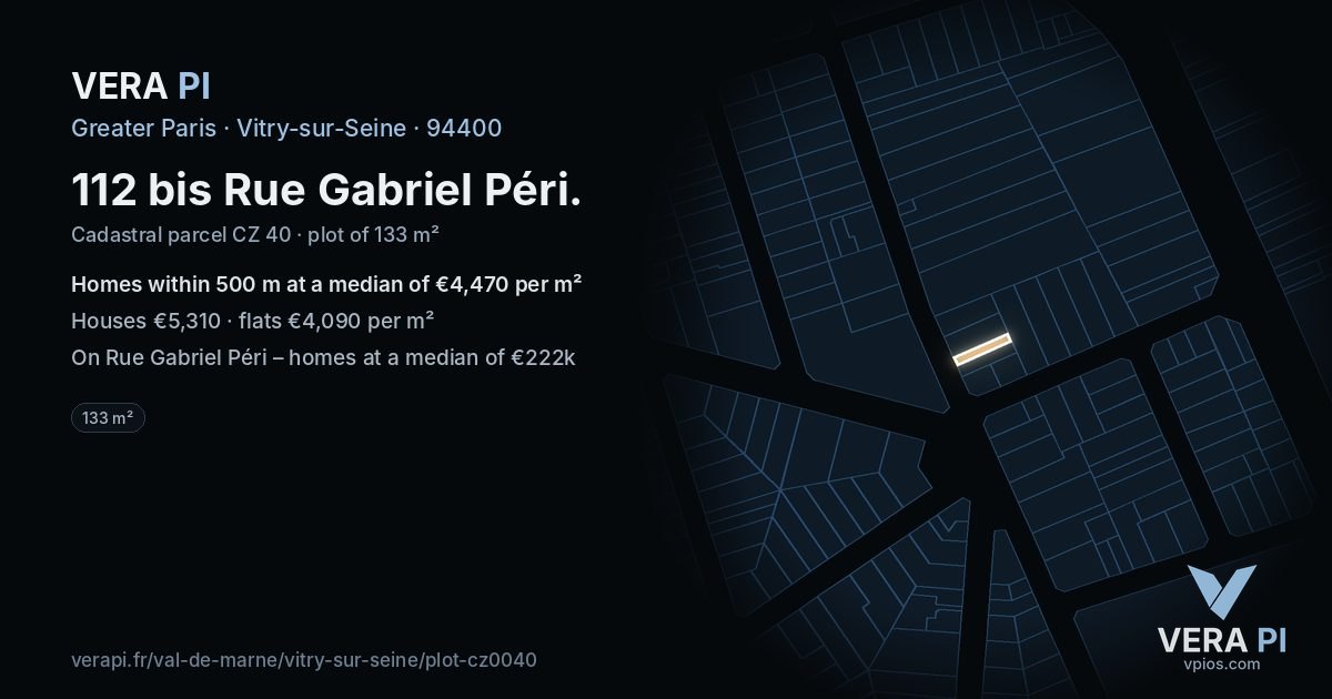 112 bis Rue Gabriel Péri, Vitry-sur-Seine at night – the plot lit, the parcels around coloured by the prices near them