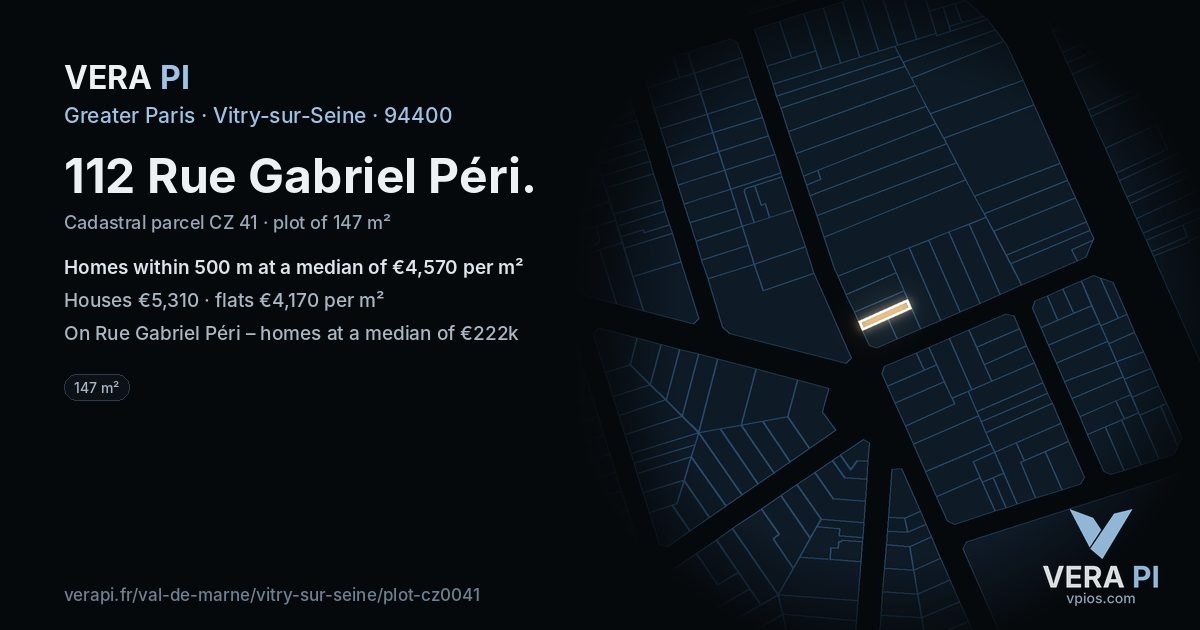 112 Rue Gabriel Péri, Vitry-sur-Seine at night – the plot lit, the parcels around coloured by the prices near them