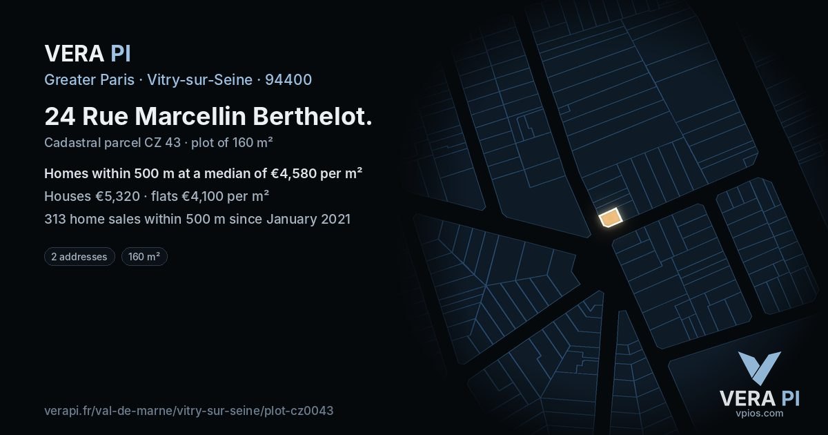 24 Rue Marcellin Berthelot, Vitry-sur-Seine at night – the plot lit, the parcels around coloured by the prices near them