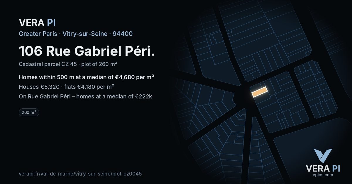 106 Rue Gabriel Péri, Vitry-sur-Seine at night – the plot lit, the parcels around coloured by the prices near them