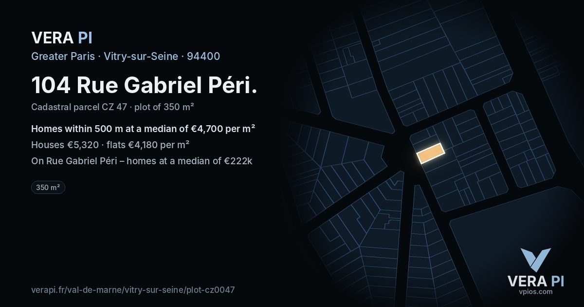 104 Rue Gabriel Péri, Vitry-sur-Seine at night – the plot lit, the parcels around coloured by the prices near them