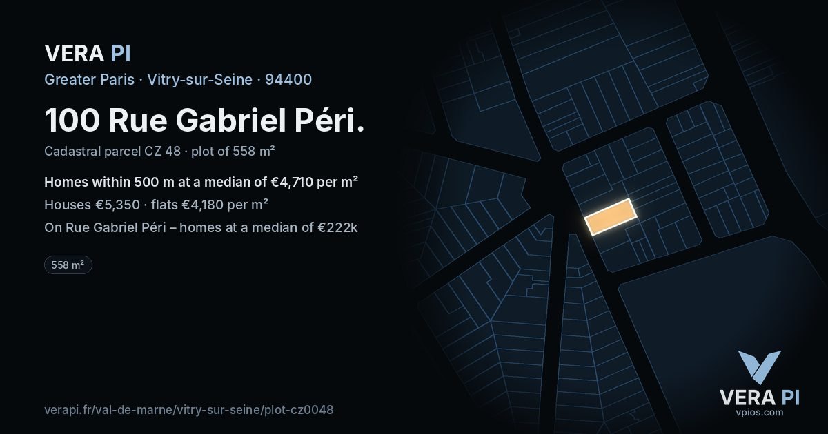 100 Rue Gabriel Péri, Vitry-sur-Seine at night – the plot lit, the parcels around coloured by the prices near them